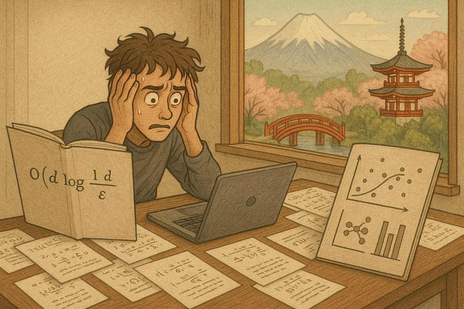 Generated using ChatGPT: Generate an image of a Phd student trying to work on machine learning theory and also trying to work on empirical machine learning, while appearing totally overwhelmed.